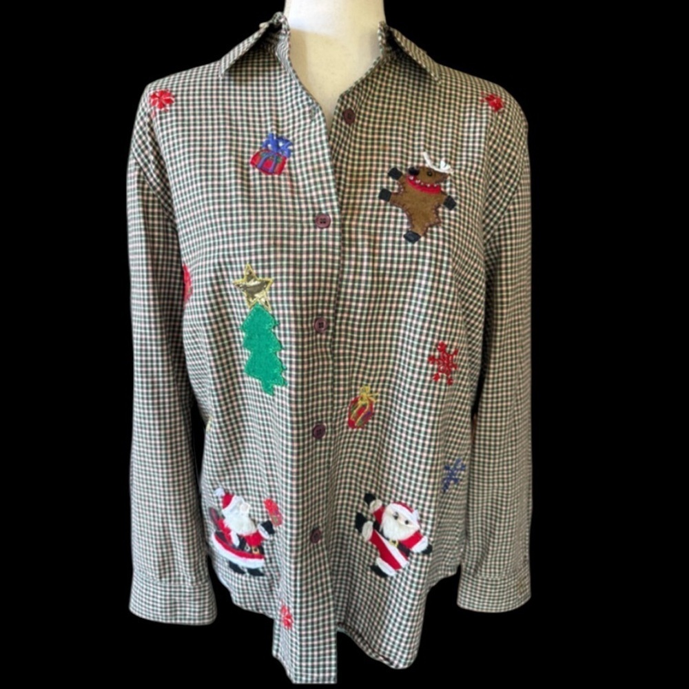 Lemon grass ladies large petite 100% cotton Christmas shirt plaid EXC COND - Picture 2 of 14